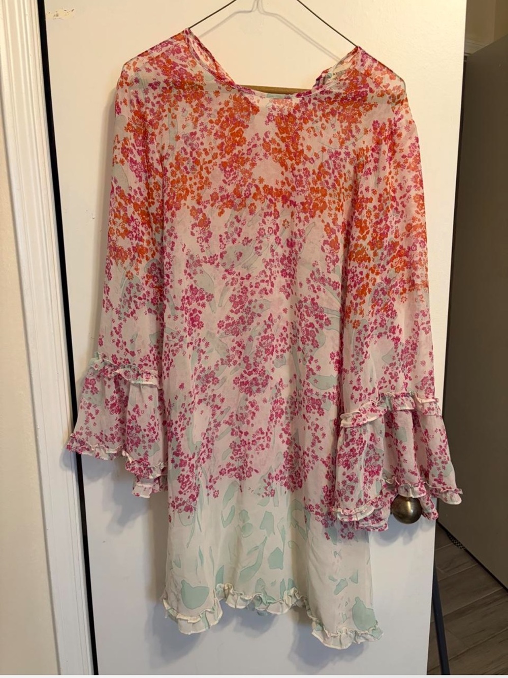 Max Studio Pink & Orange Floral Ruffle Bell-Sleeve Tunic